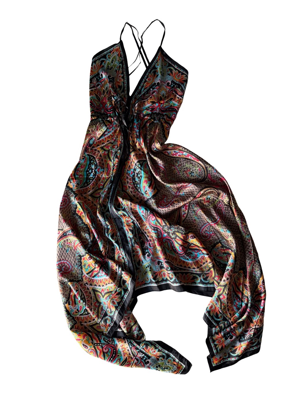 Y2k Vintage Hot & Delicious Silk Paisley Handkerchief Hem Dress S Y2K Cross Back